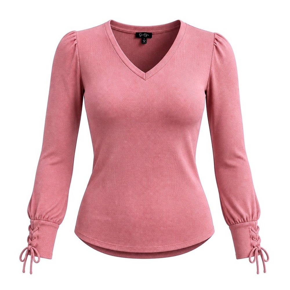 Jessica Simpson Womens Pink Ribbed V-Neck Lace Up Cuff Puff Sleeve Top Large